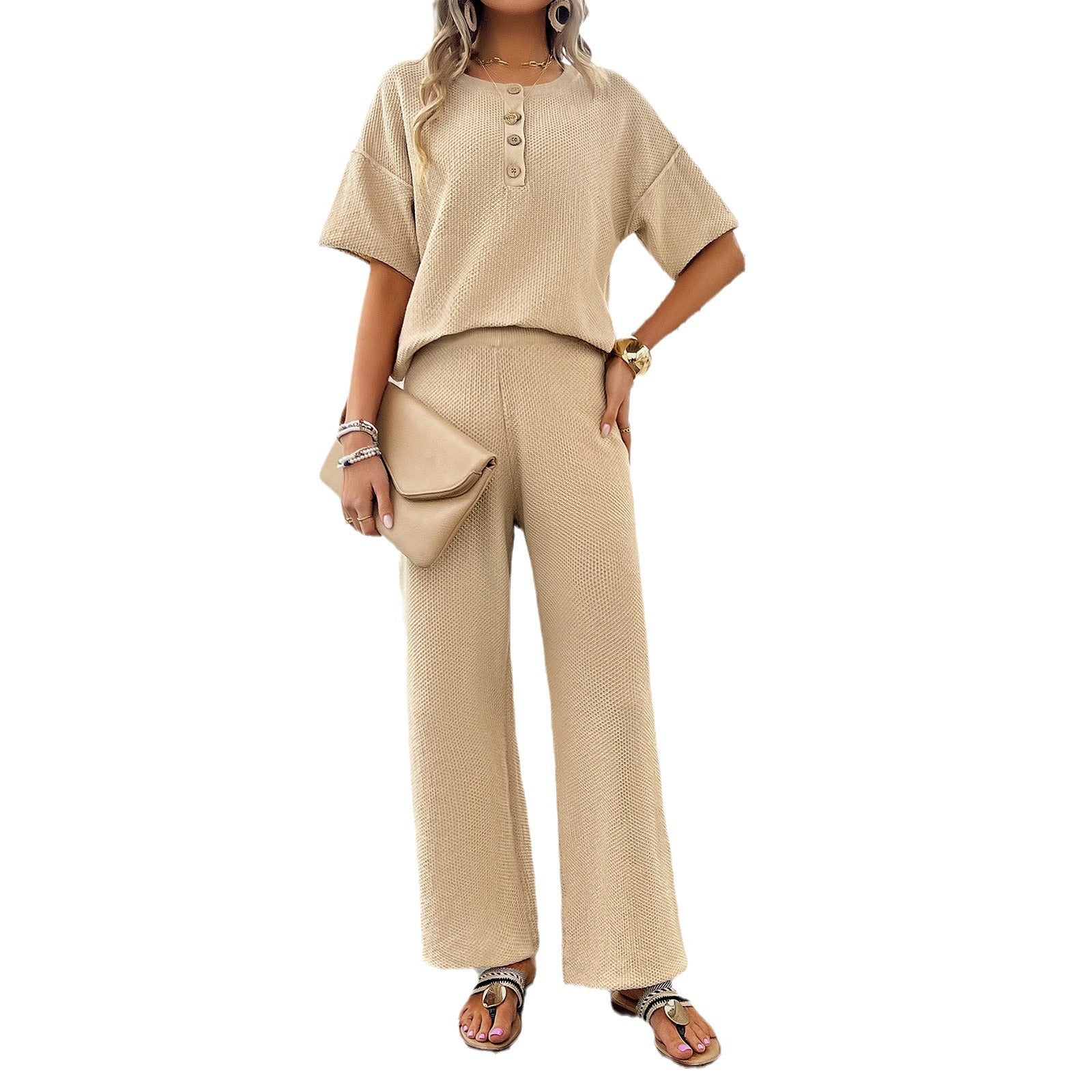Women's Spring Summer Casual Solid Color Knitting Short Sleeve Two Piece Pants Set 9