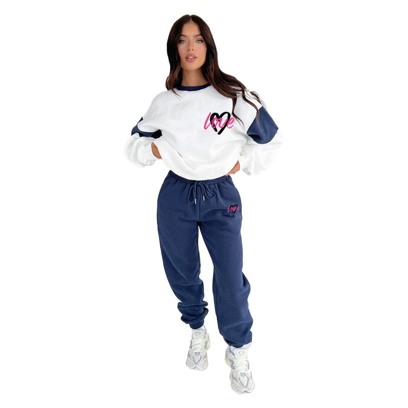 Women Heart Print Color Block Top and Casual Pants Set 15