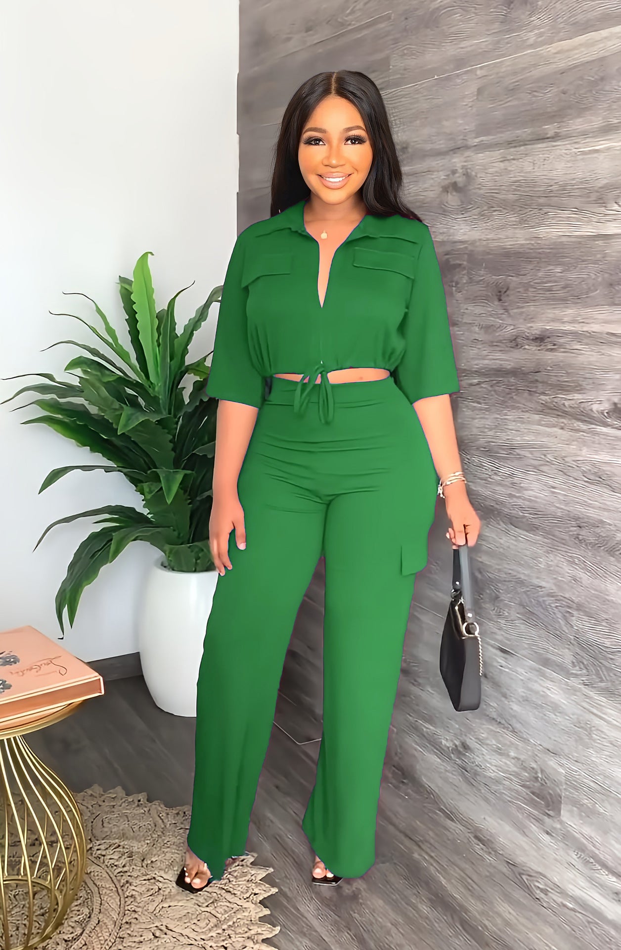 Women Casual Rope Half Sleeve Top+ Pant Two Pieces 3