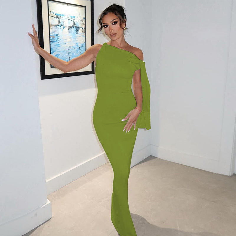 Women's Summer Fashion Chic One Shoulder Floater Solid Color Long Dress 8