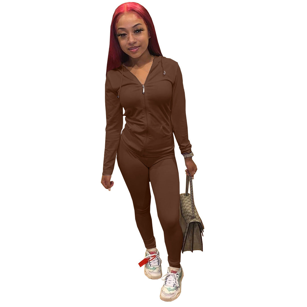 Women Summer Sports Hooded Full Sleeves Solid Pockets Regular Two Piece Pants Set 44