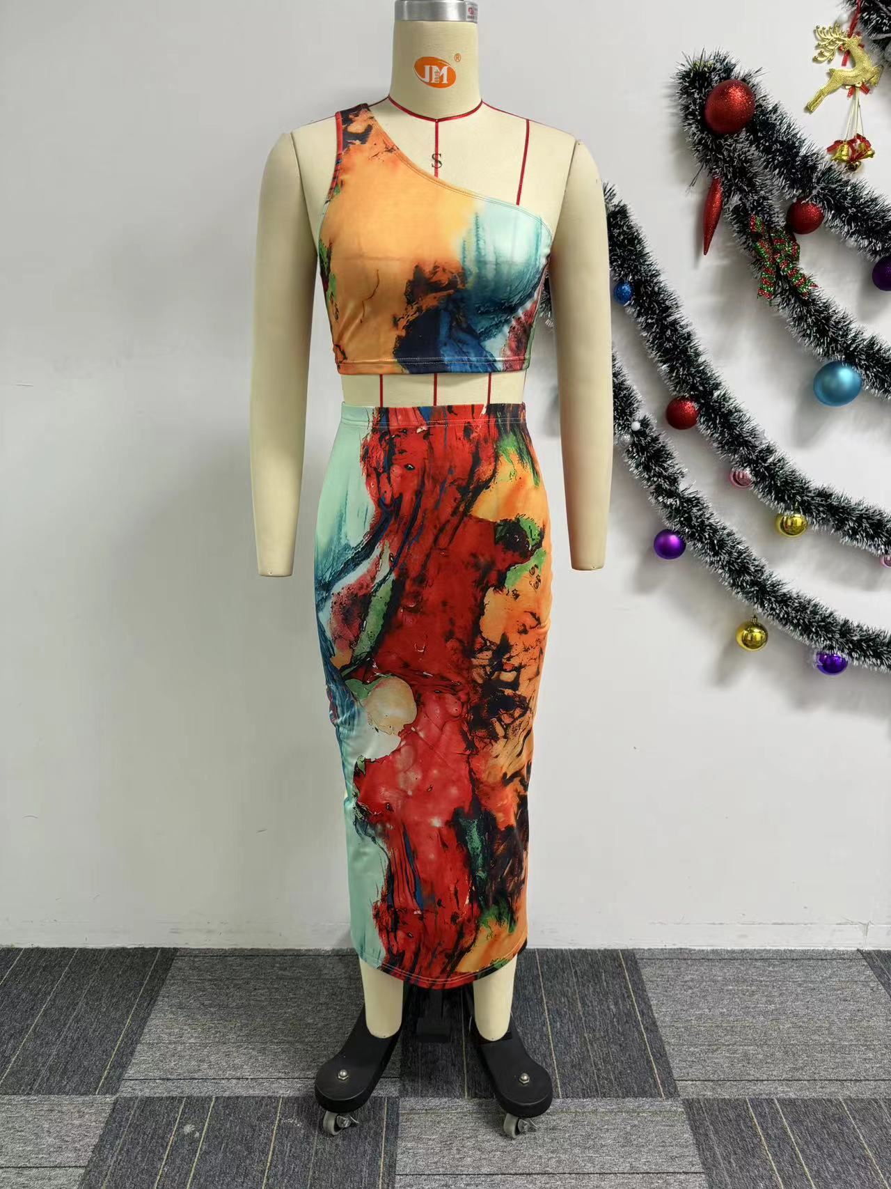 Women Sexy Printed Stretch Shoulder Top and Bodycon Skirt Two-piece Set 3