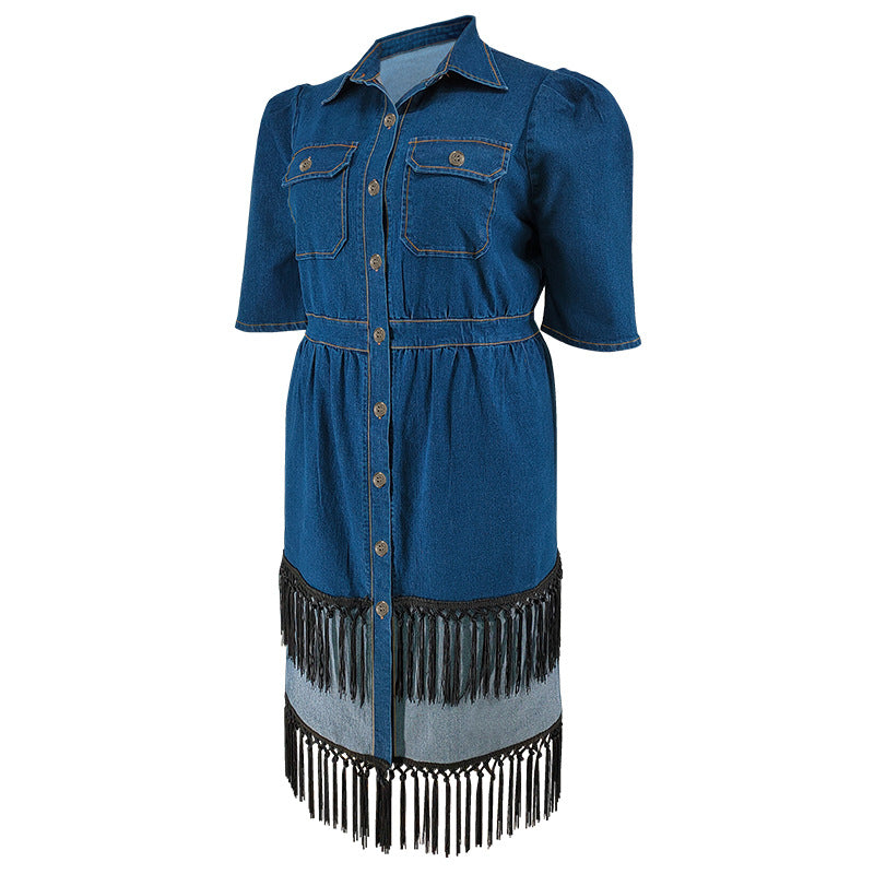 Plus Size Women Denim Turndown Collar Short Sleeve Tassel Dress 7