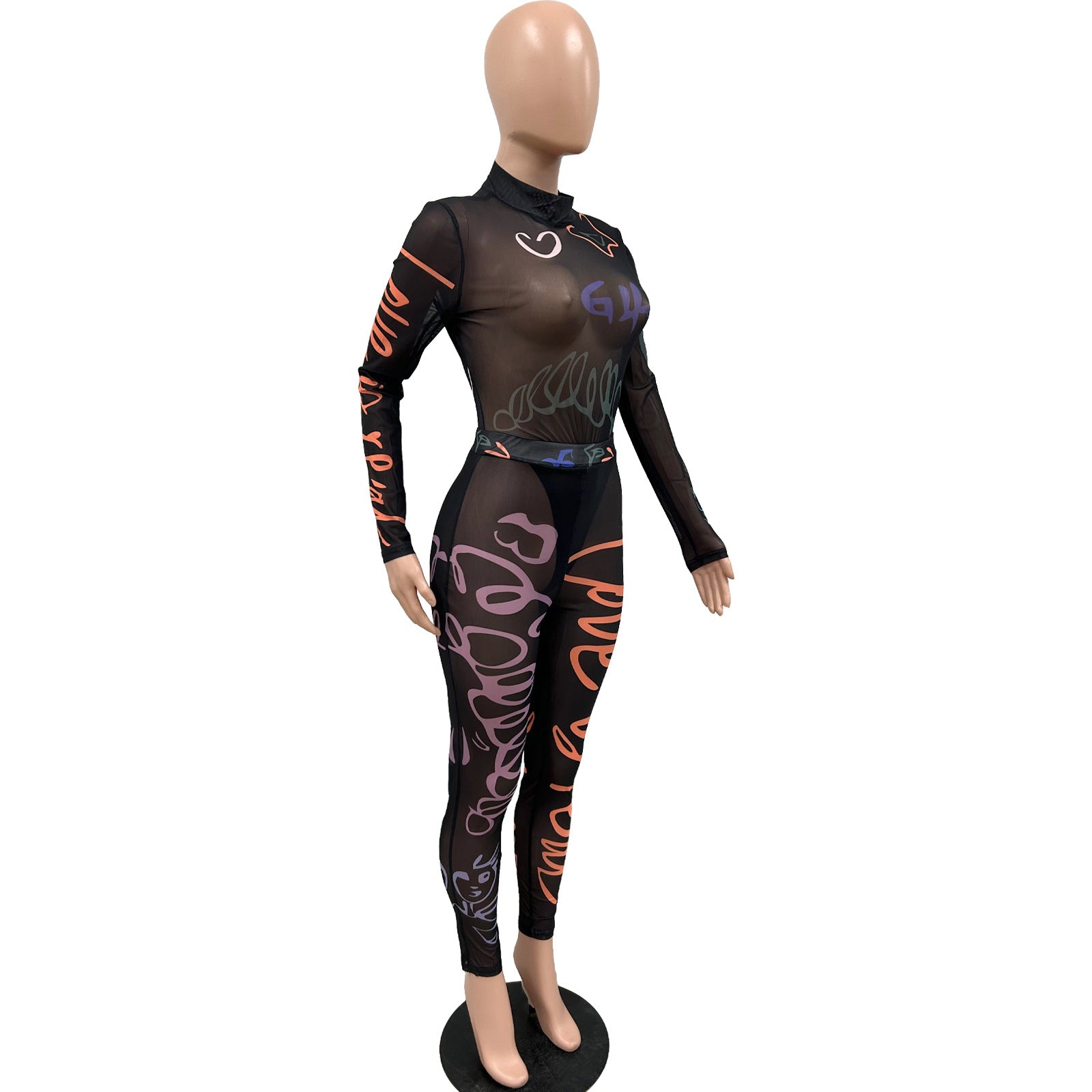 Women's Summer Print See-Through Mesh Tight Fitting Bodysuit Pants Two Piece Set 13