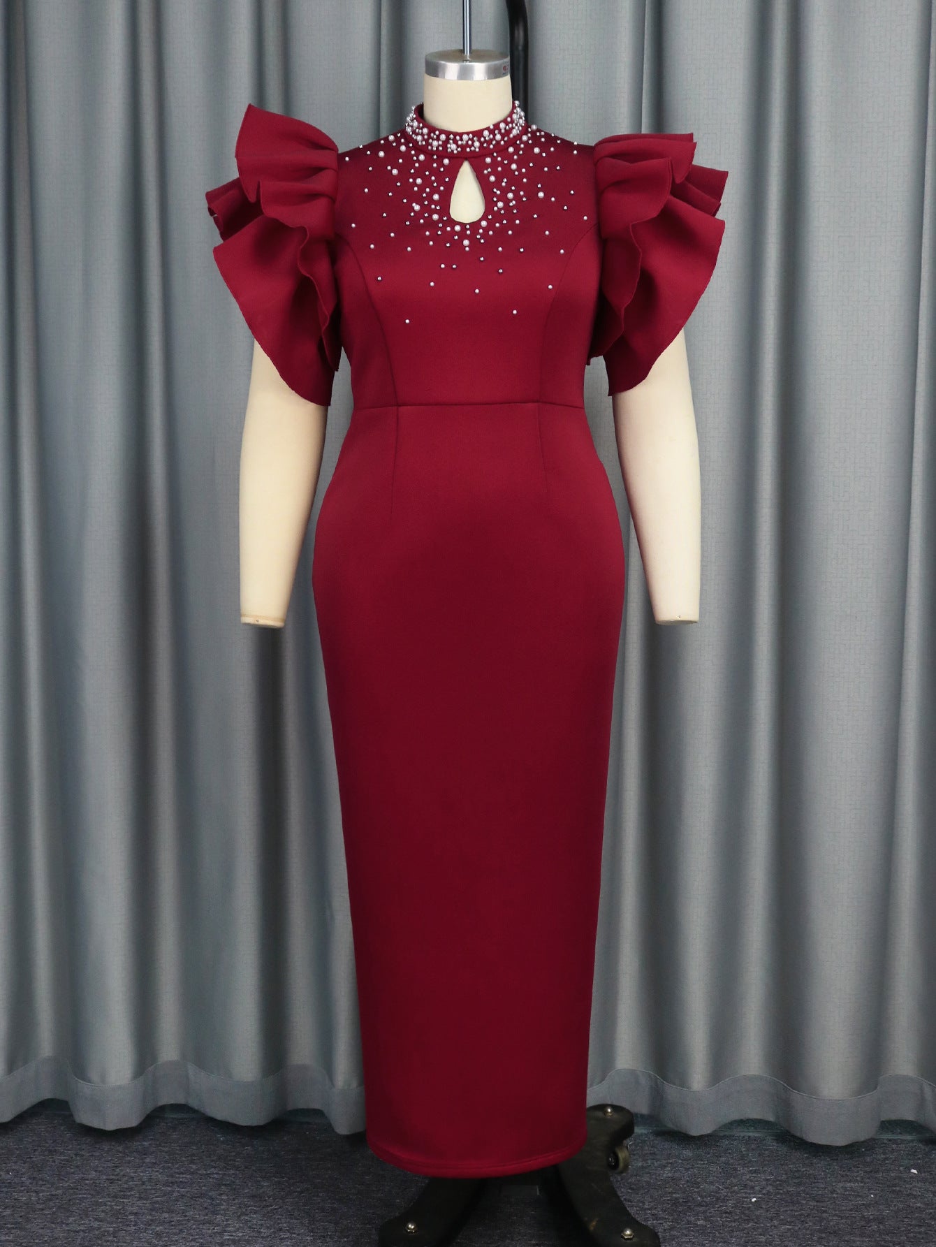 Summer Sexy Hollow Half-High Collar Dress Formal Dinner Beaded High Waist Party Dress 4