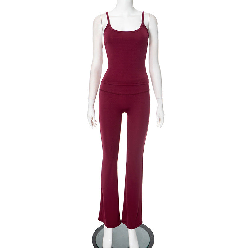 Women Spring Summer Solid Suspender Backless Top and Bell Bottom Pants Two-Piece Set 5