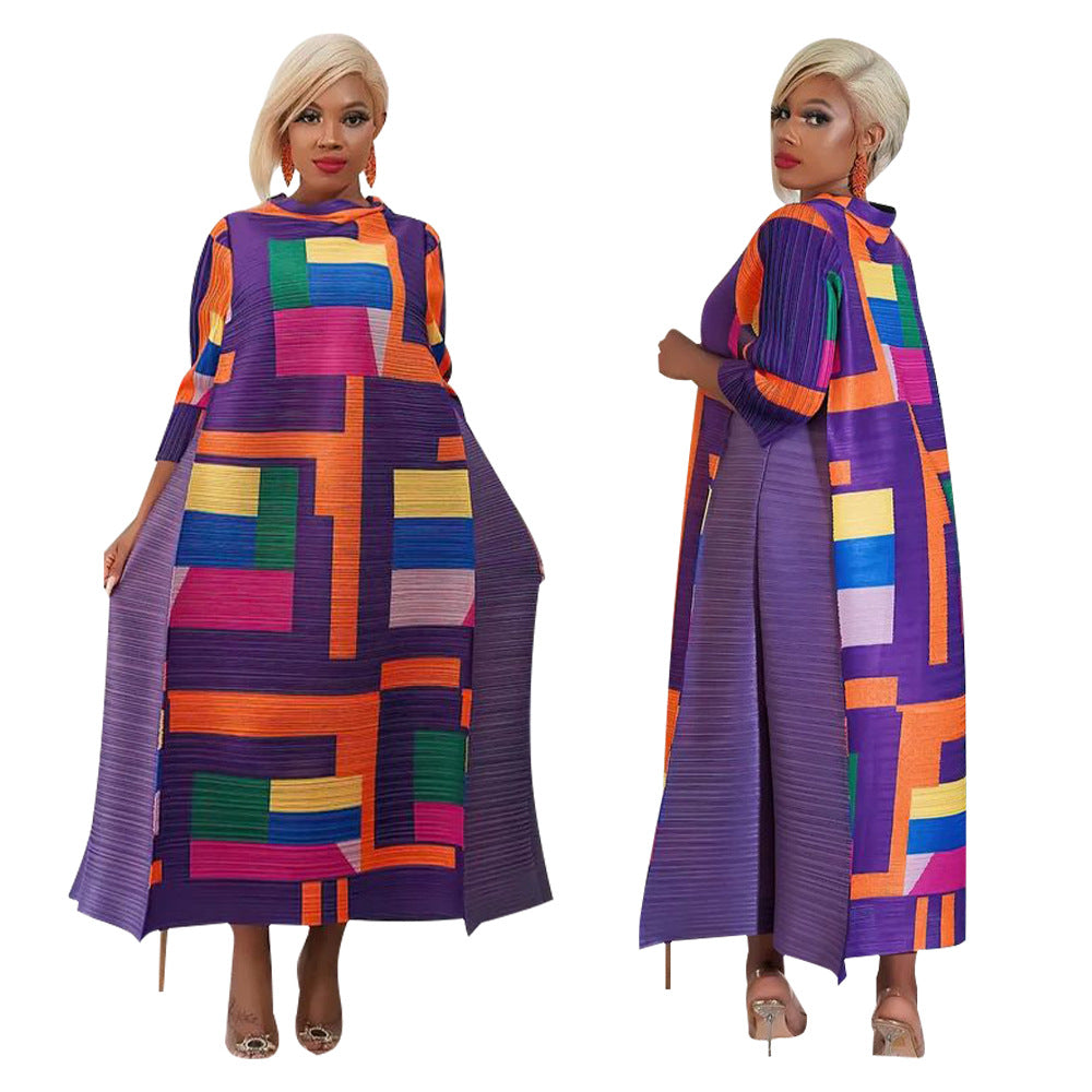 Ladies Round Neck Print Pleated Dress 11