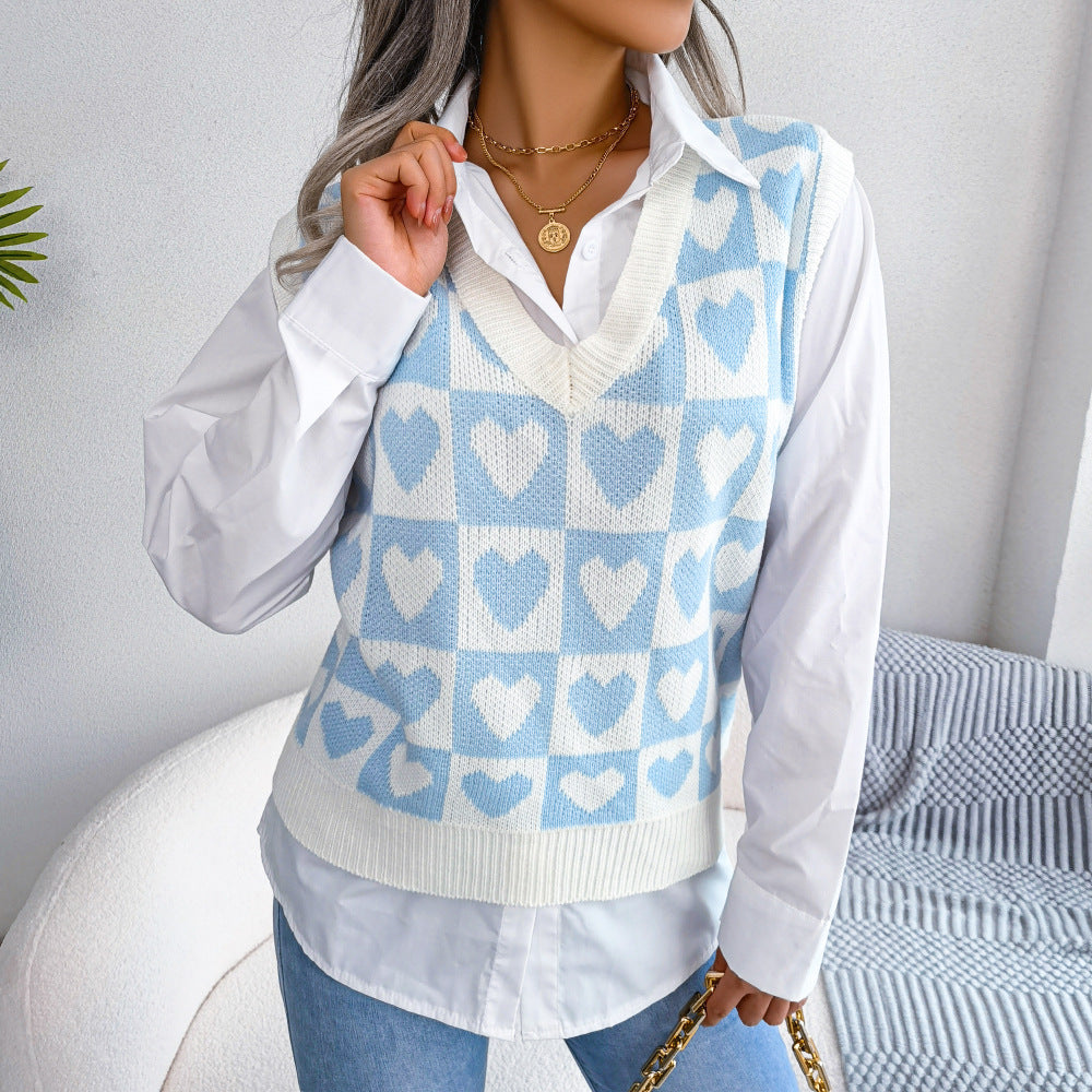 Fall/Winter Preppy Heart Print Knitting Vest Sweater Vest 4