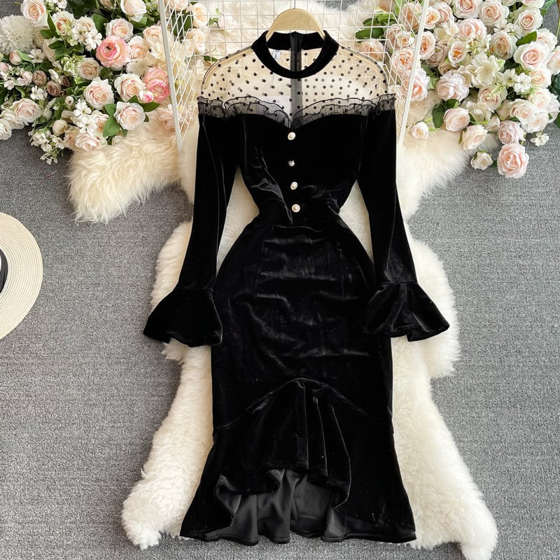 Luxury Mesh Patchwork Bodycon Fishtail Velvet Dress 6