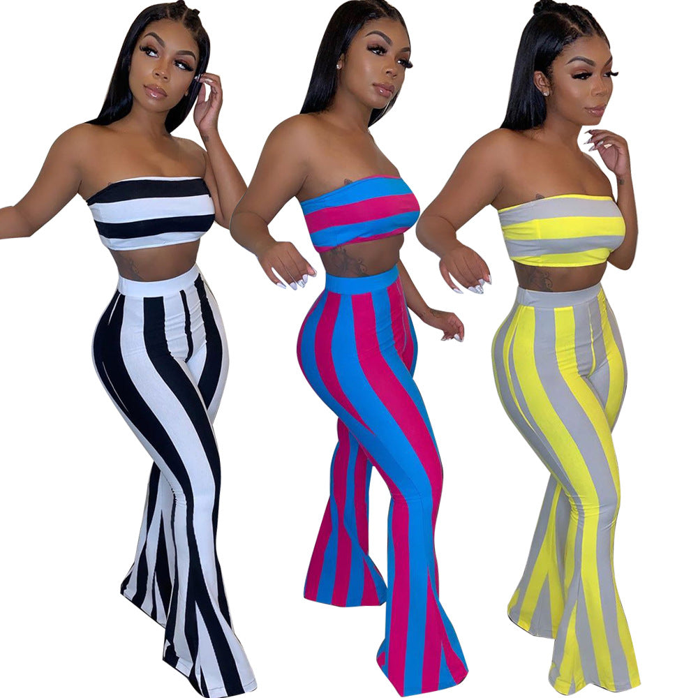Spring Striped Strapless Crop Top Bell Bottom Pants Set 9