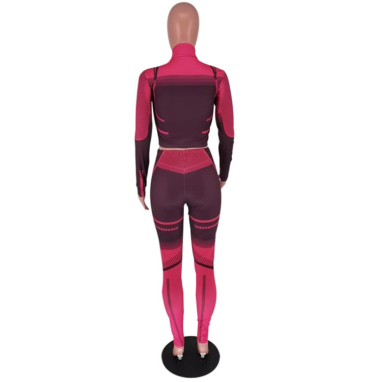 Women's Autumn And Winter Irregular Printed Long Sleeve Tight Fitting Sports Two Piece Pants Set 15
