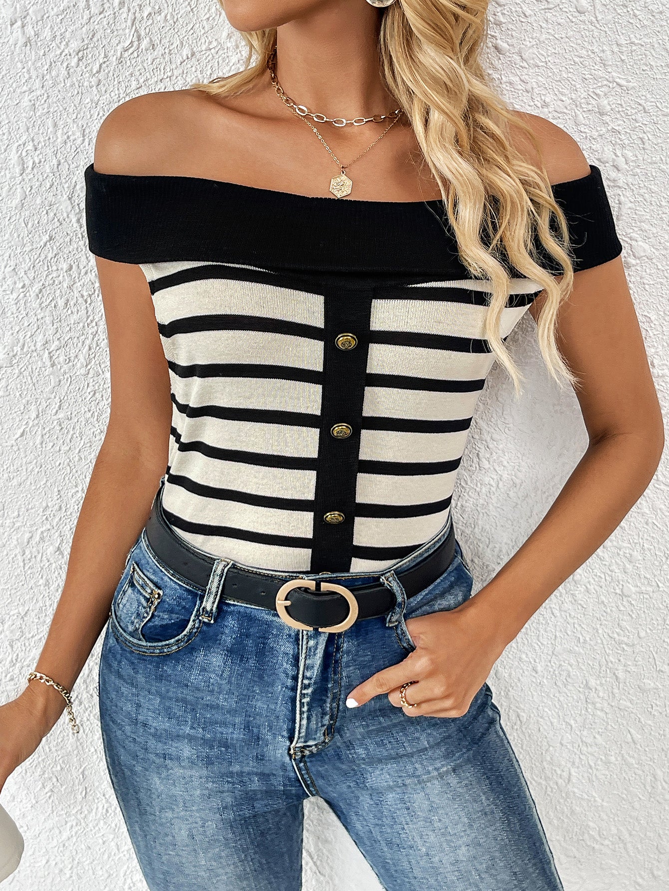 Spring/Summer Women's Fashion Long-Sleeve Striped Off-Shoulder Knit Top 15