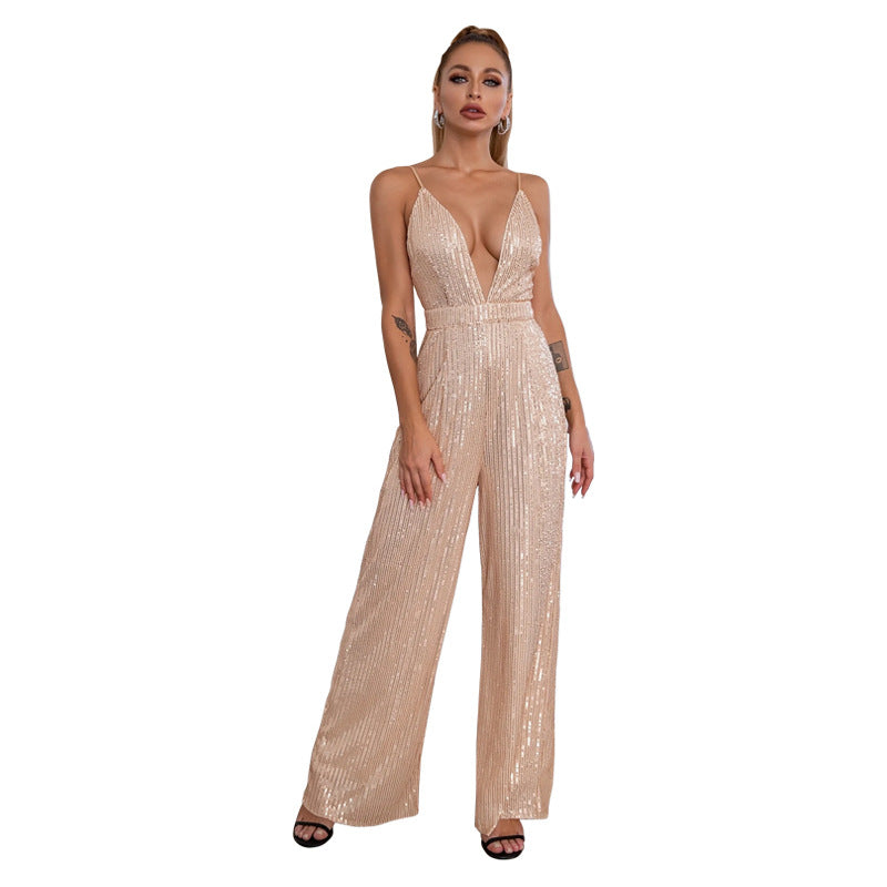 Deep V Neck Low Back Sleeveless Chic Sequined Straps Elegant Women's Party Jumpsuit 19