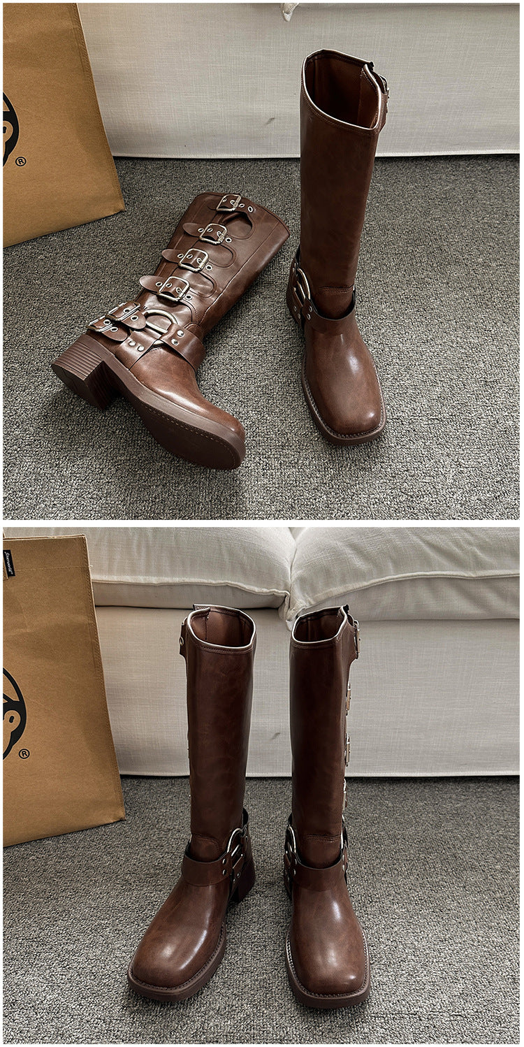 Women's Brown Knee-High Autumn Winter Leather Denim High Shaft Equestrian Boots 5