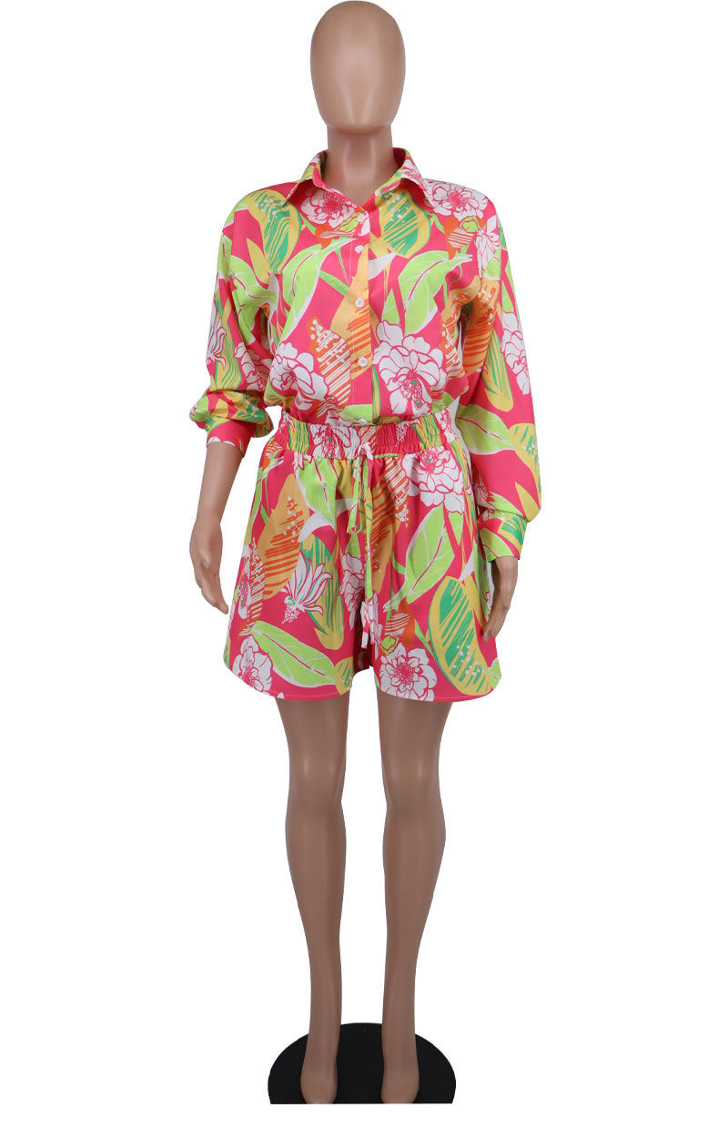 Women Spring Printed Shirt and Shorts Casual Two-piece Set 5