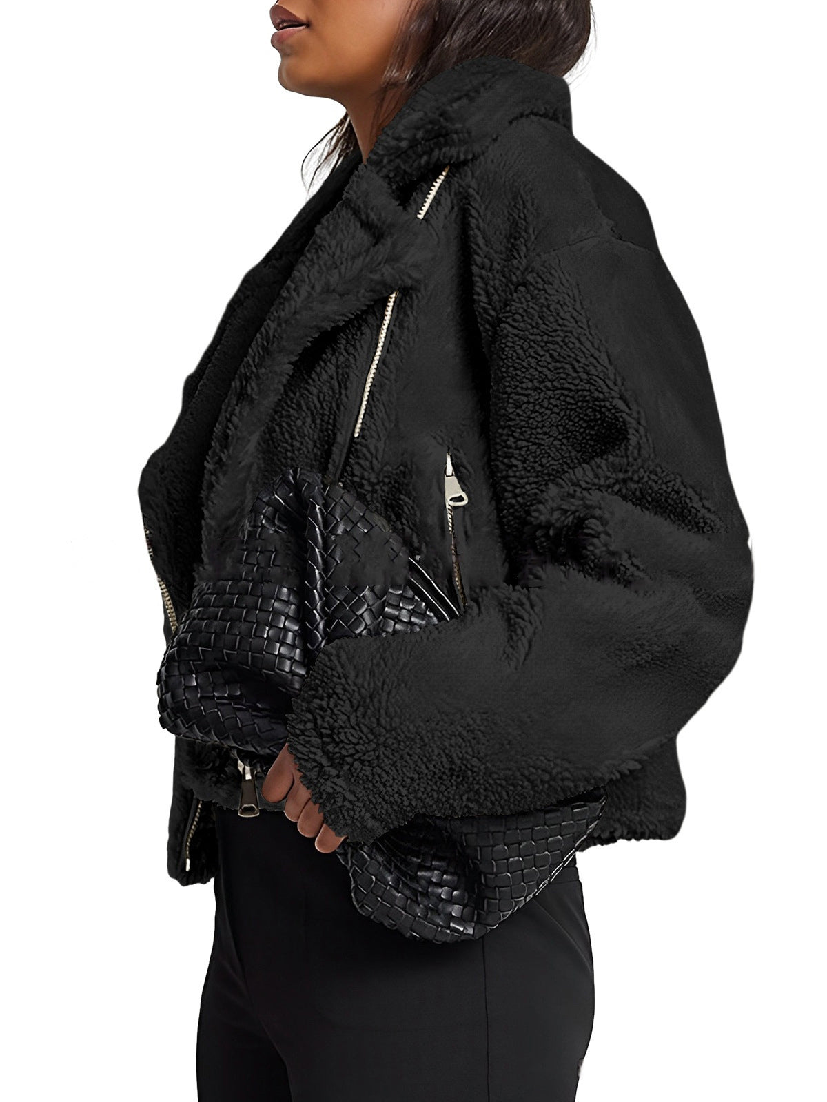 Solid color turndown collar fleece zipper trendy coat 10