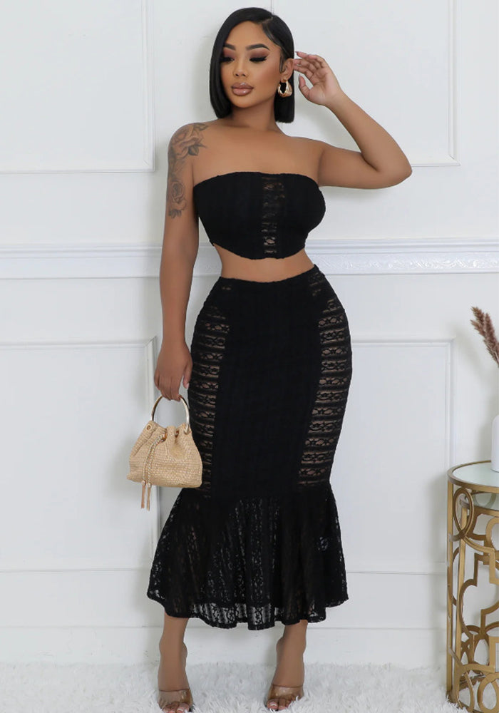 Women Spring Sexy Strapless Crop Top and Bodycon Fishtail Skirt Two Piece Set