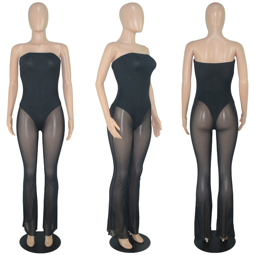 Women's Fashion Sexy Strapless Tight Fitting Wide Leg Mesh Jumpsuit 14