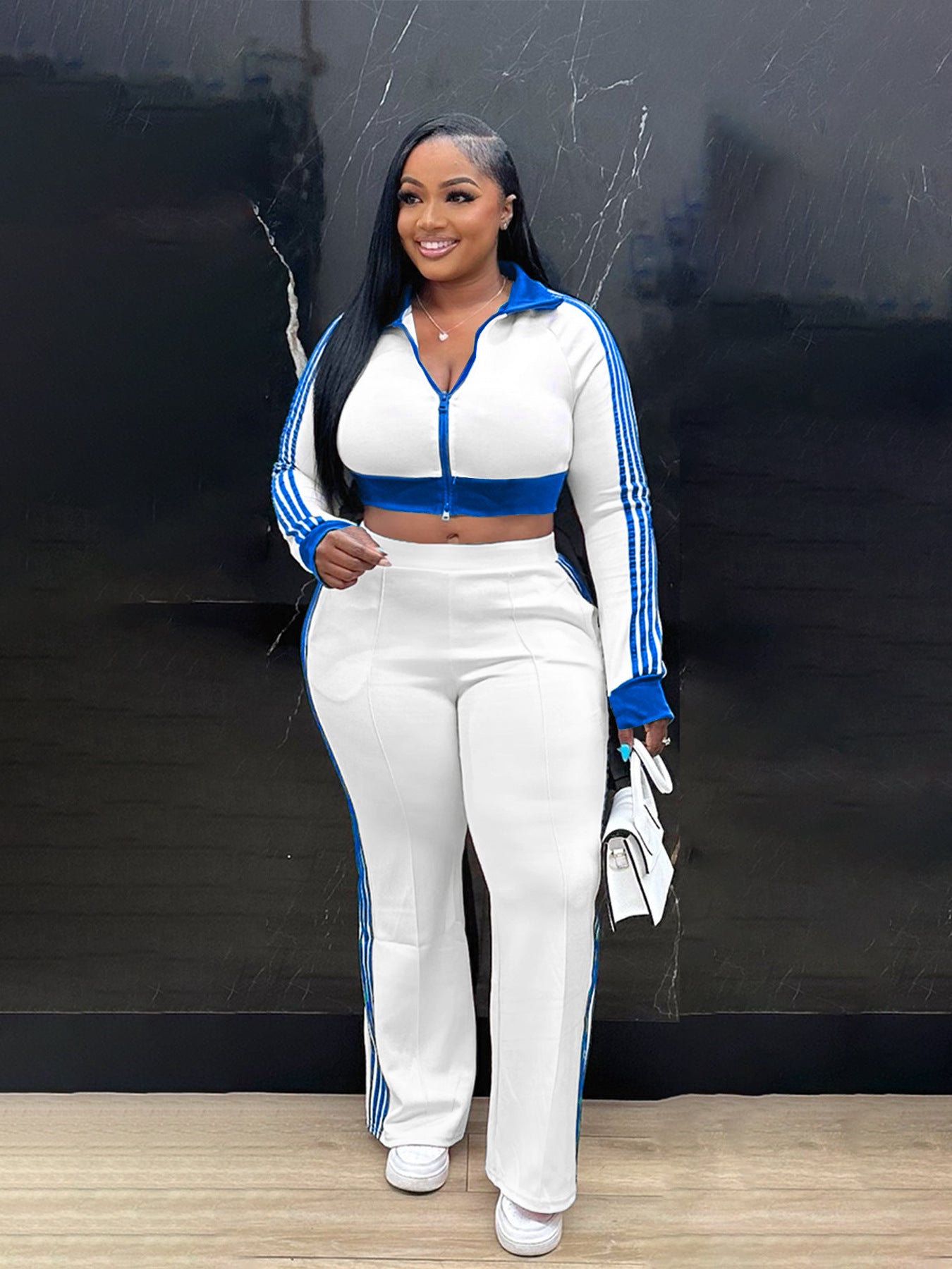 Women Casual contrast color zipper long-sleeved Crop Top and Pants two-piece set