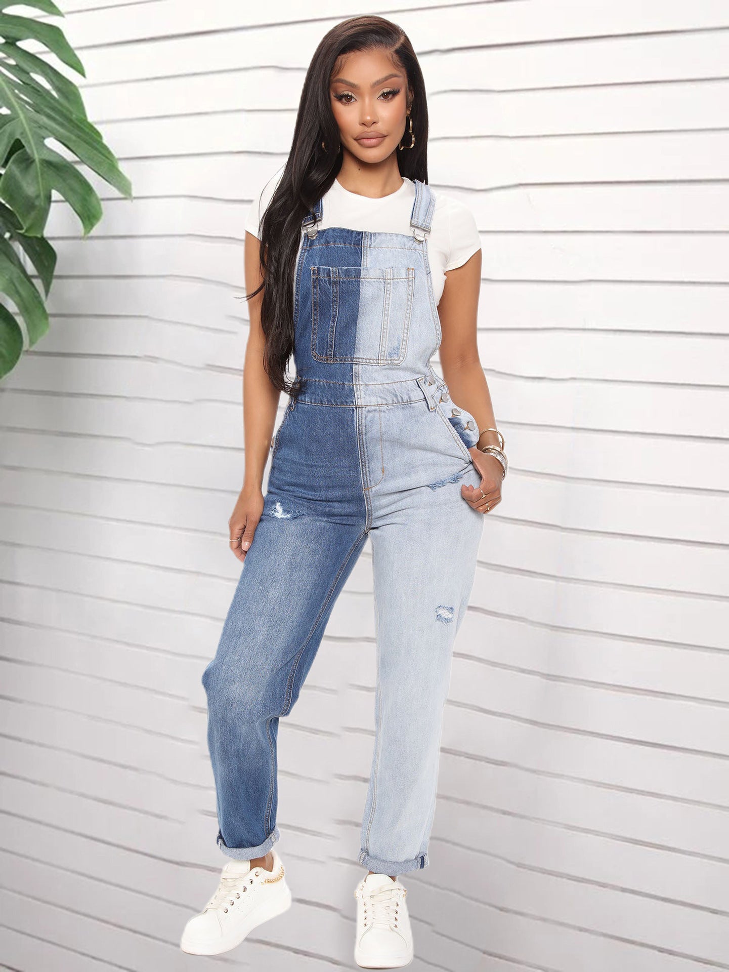 Women Women Elastic Color Block Ripped Overalls 3