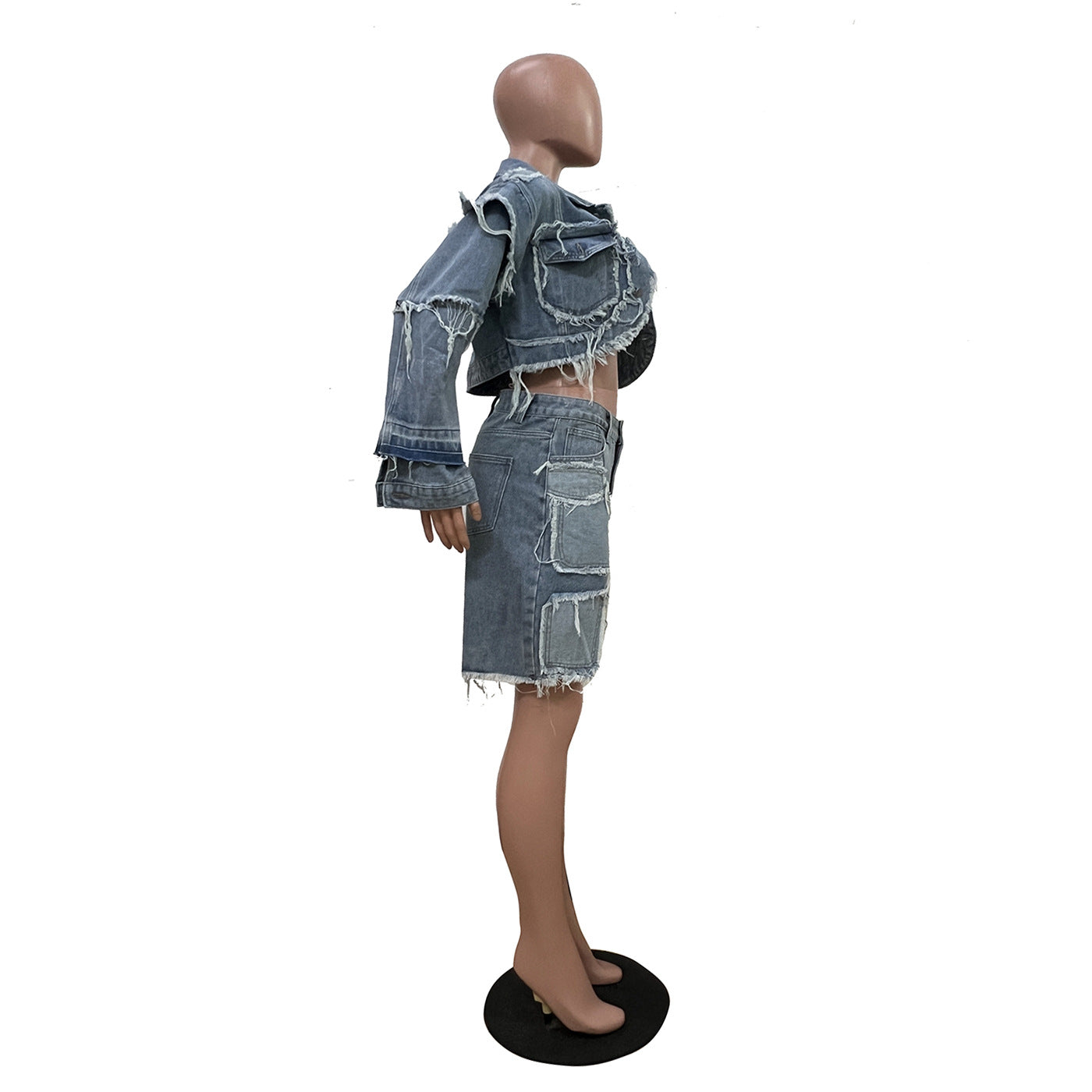 Washed Patchwork Denim Two Piece Shorts Set for Women 7