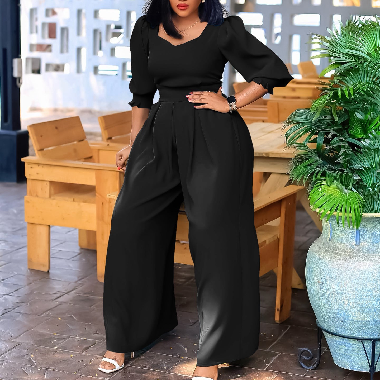 Plus Size African Women Long Sleeve Solid Loose Wide Leg Jumpsuit 5