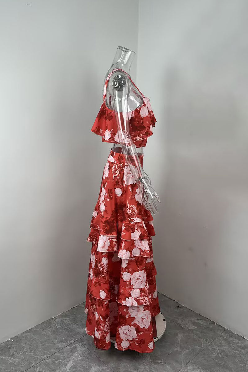 Women Beach Edge Holidays Printed Suspender Top Cascading Ruffles Skirt Two-Piece Set 34