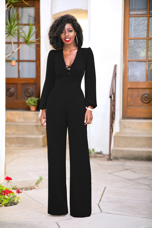 Women Sexy Long Sleeve V Neck Solid Jumpsuit