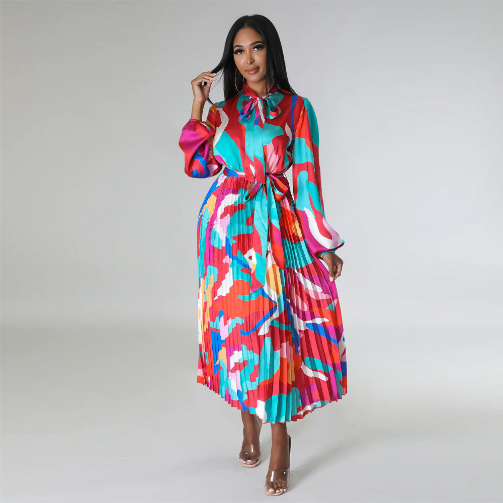 Women's Tie Long Sleeve Printed Pleated Dress 45