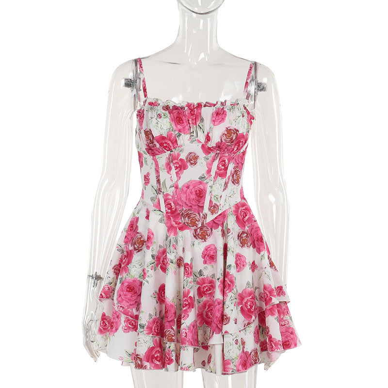Women summer sexy rose print suspender dress 6
