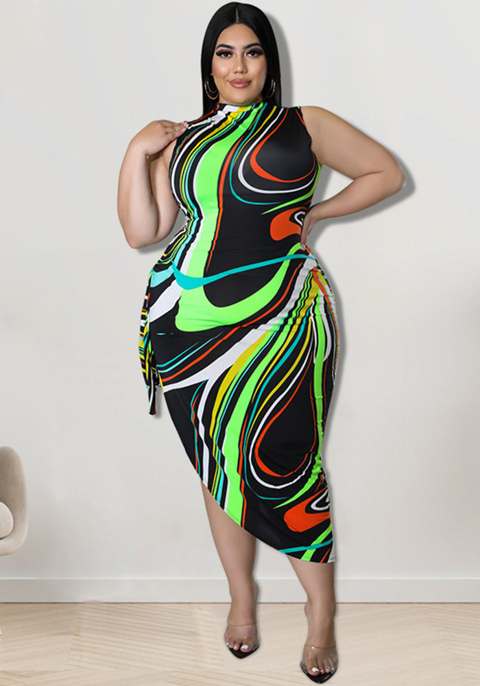Plus Size Women irregular print Lace-Up Bodycon Dress