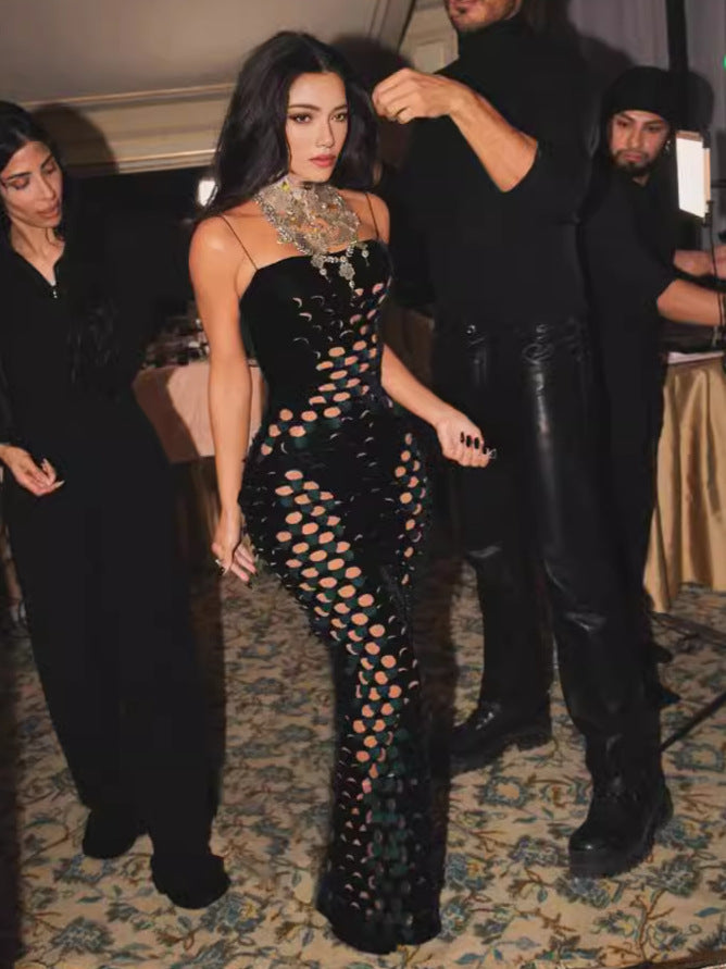 Fashion Women's Clothing Sexy Velvet Ripped Tight Fitting Strap Long Dress 13