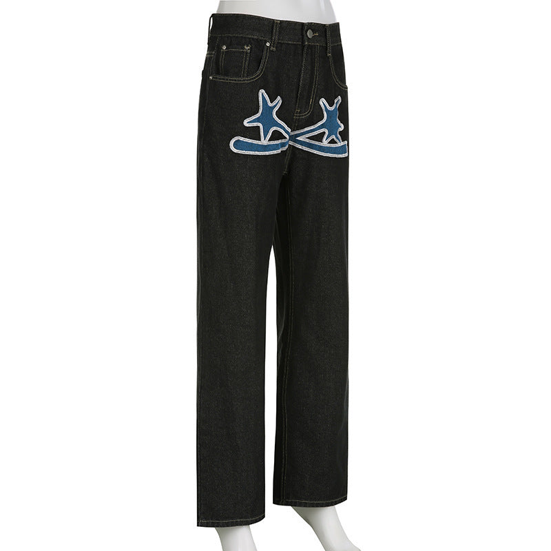 Women spring and autumn contrasting print Casual Denim Pants 7