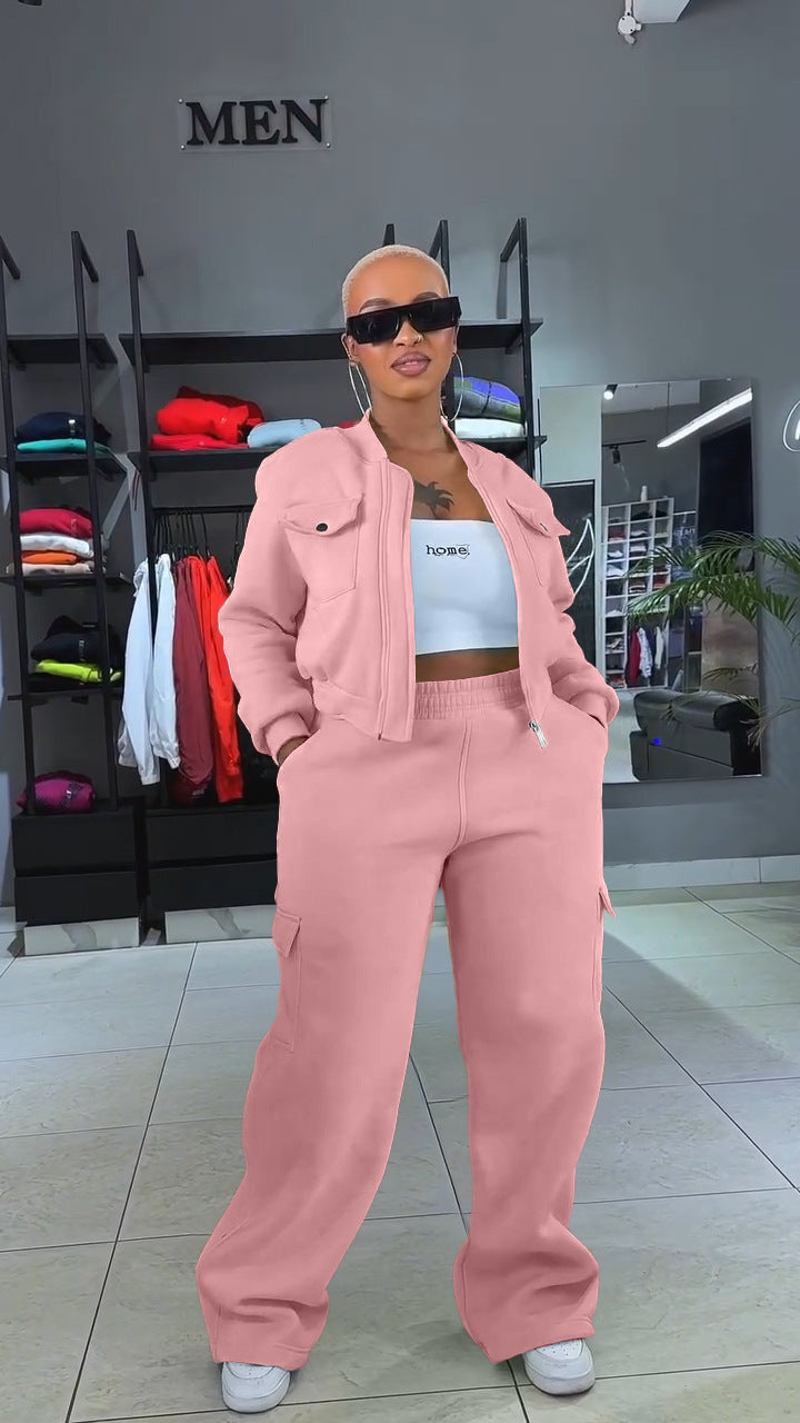 Women Fall/Winter Sports Casual Pocket Top and Pant Two-Piece Set 8