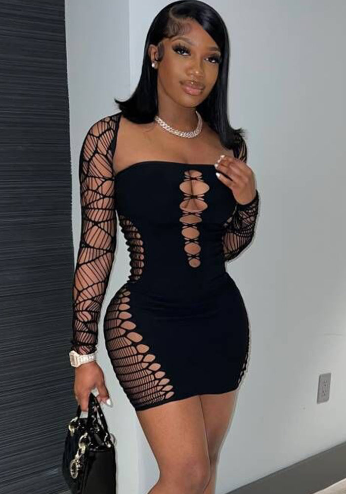 Women Solid Square Neck Hollow Sexy Bodycon Dress