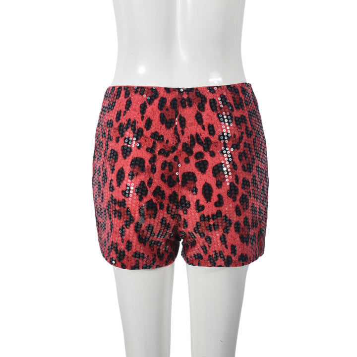 Sequin Women Leopard Elastic Waist Casual Shorts 12