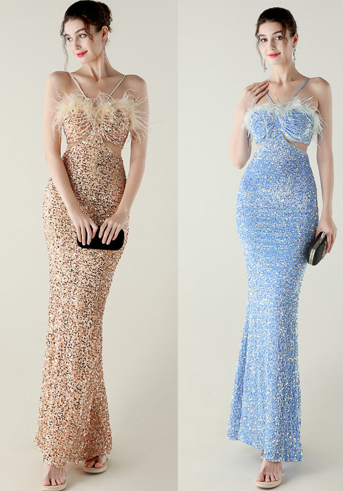 Velvet Sequin Feather Fishtail A-Line Evening Gown