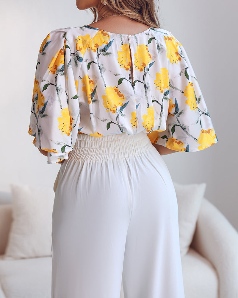 Women Yellow Floral Print Bell Bottom Sleeve Top and Pants Two-Piece Set 3