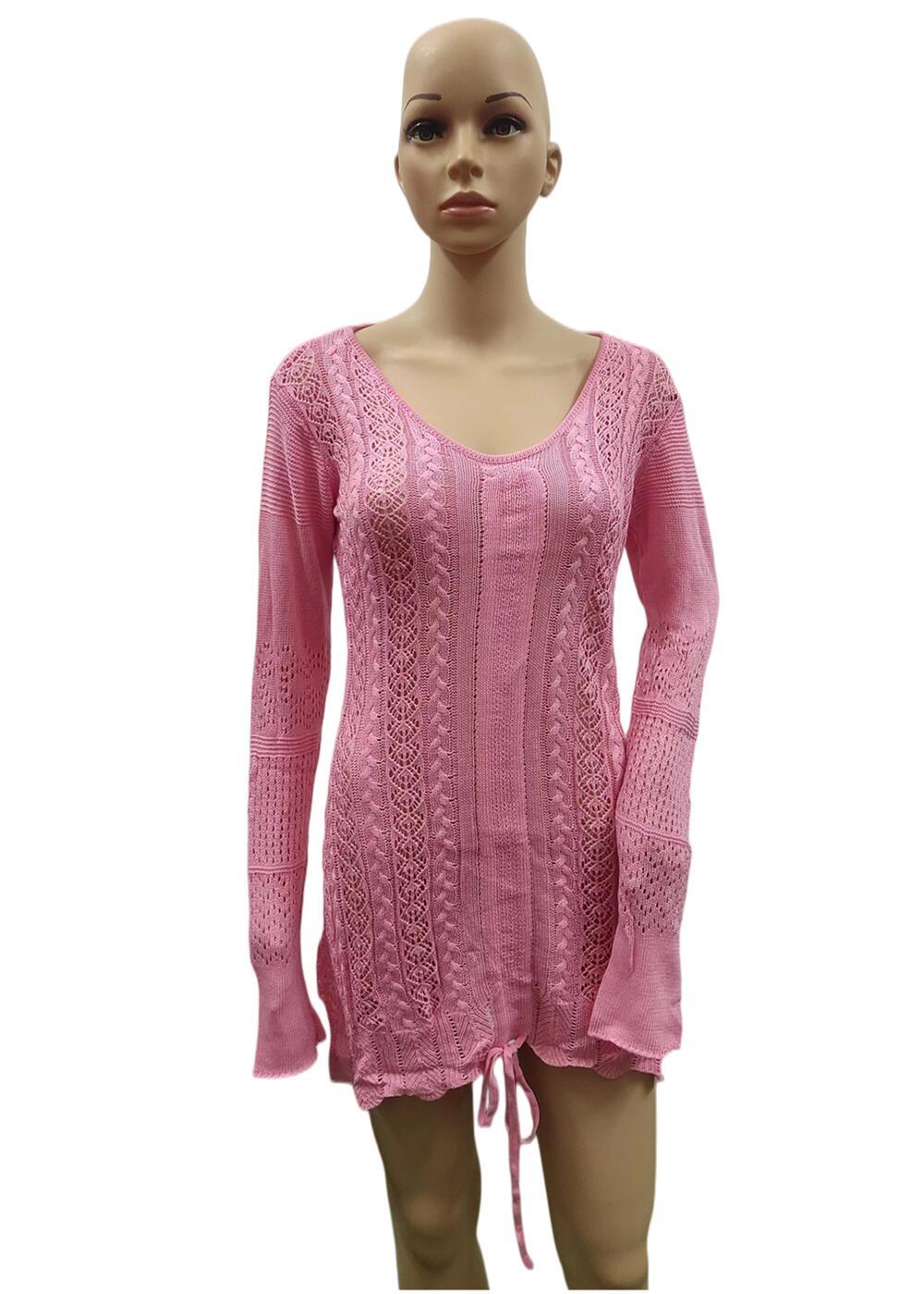 Women V neck hollow long sleeve Knitting dress 17