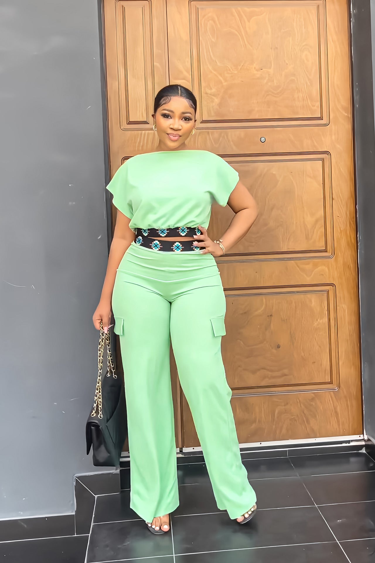 Casual Women's Short Sleeve Top Summer Solid Color Versatile Loose Straight Leg Trousers Two-Piece Set 5