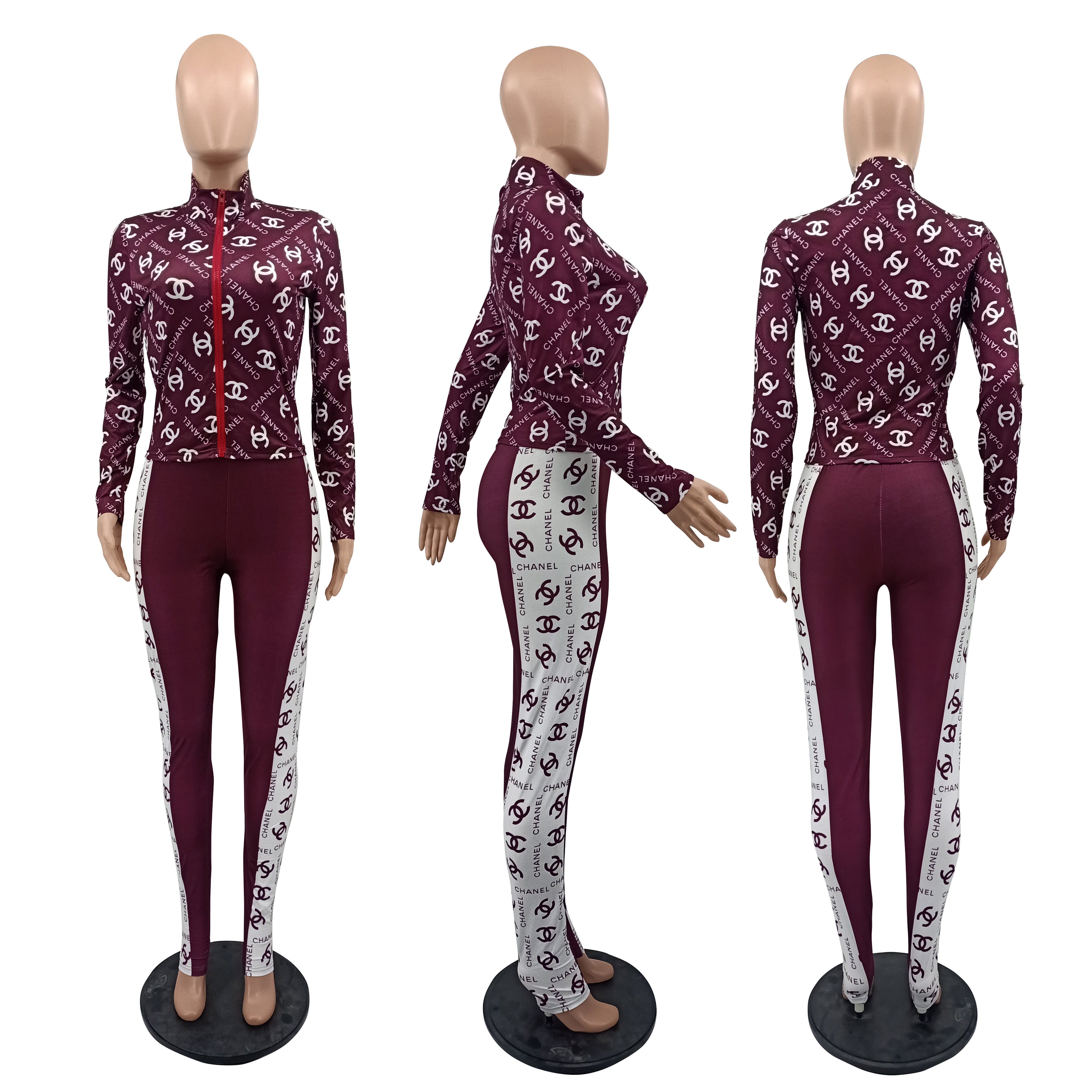 Women's Casual Fashion Chic Color Block Print Zipper  Two-Piece  Pants Set 6