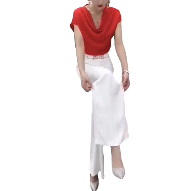 Fashion Suit Pile Collar Slim Fit Small Shirt + Wide Leg Pants Set 9