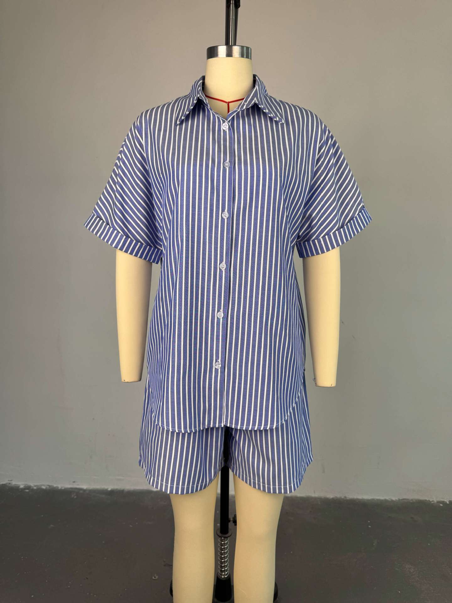 Women Summer Blue and White Striped Shirt Wide Leg Shorts Two Piece Set 5