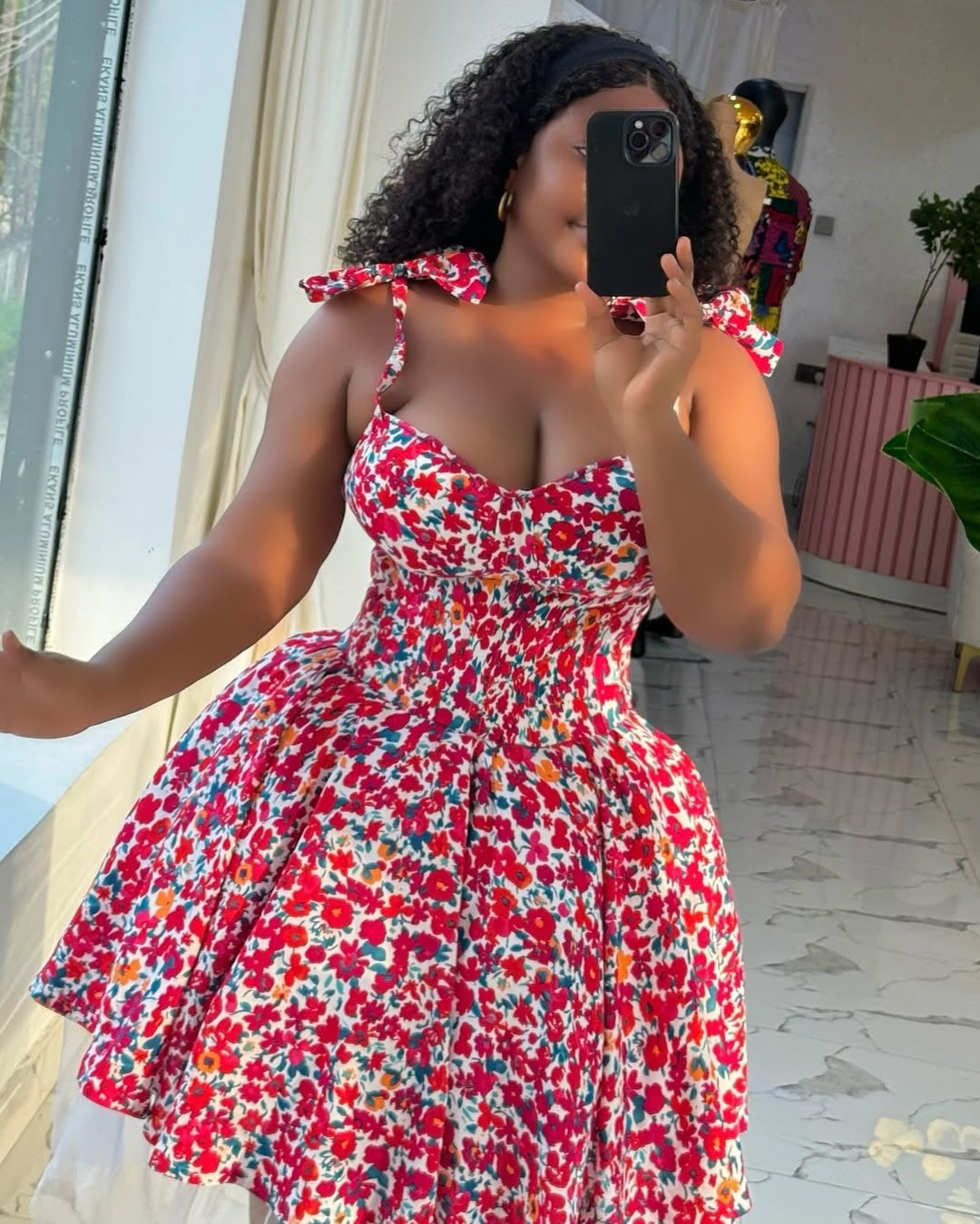 Women spring elegant floral suspender bow dress