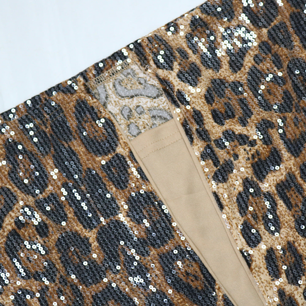 Leopard Print Sexy Dress Sequins Hollow Halter Neck Low Back Split Sleeve Formal Party Gown 9