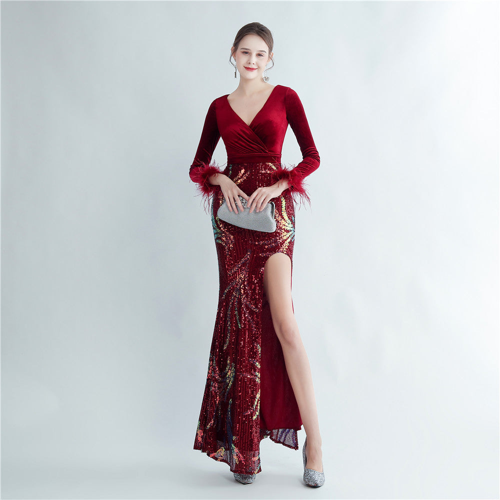 feather sequin velvet side slit long-sleeved evening dress 9