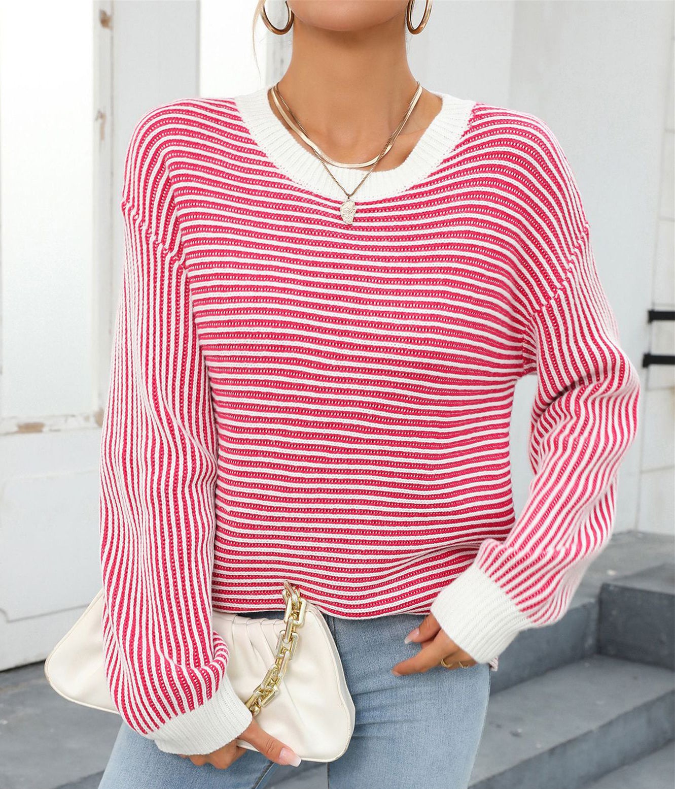 Autumn And Winter Women's Color-Blocked Round Neck Pullover Sweater Striped Knitting Top 9