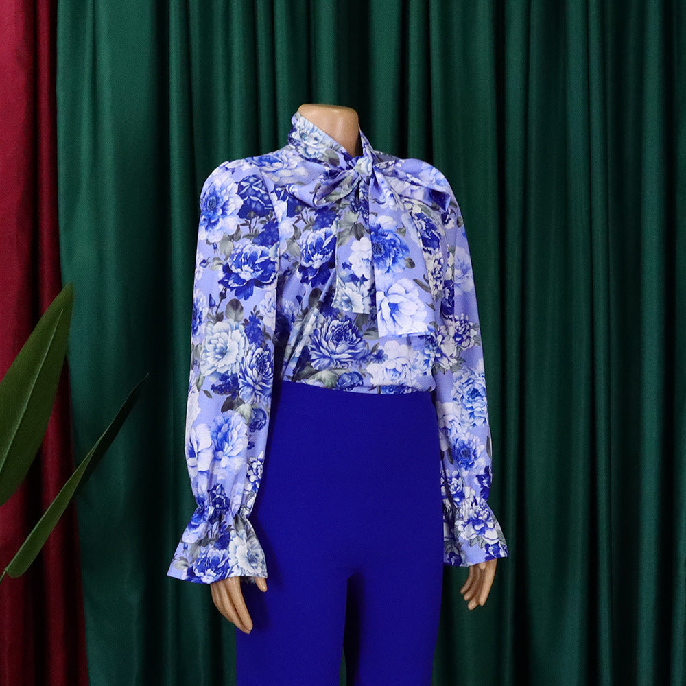 Women's Fashion Chic Slim Fit Printed Lace-Up Plus Size African Shirt 20