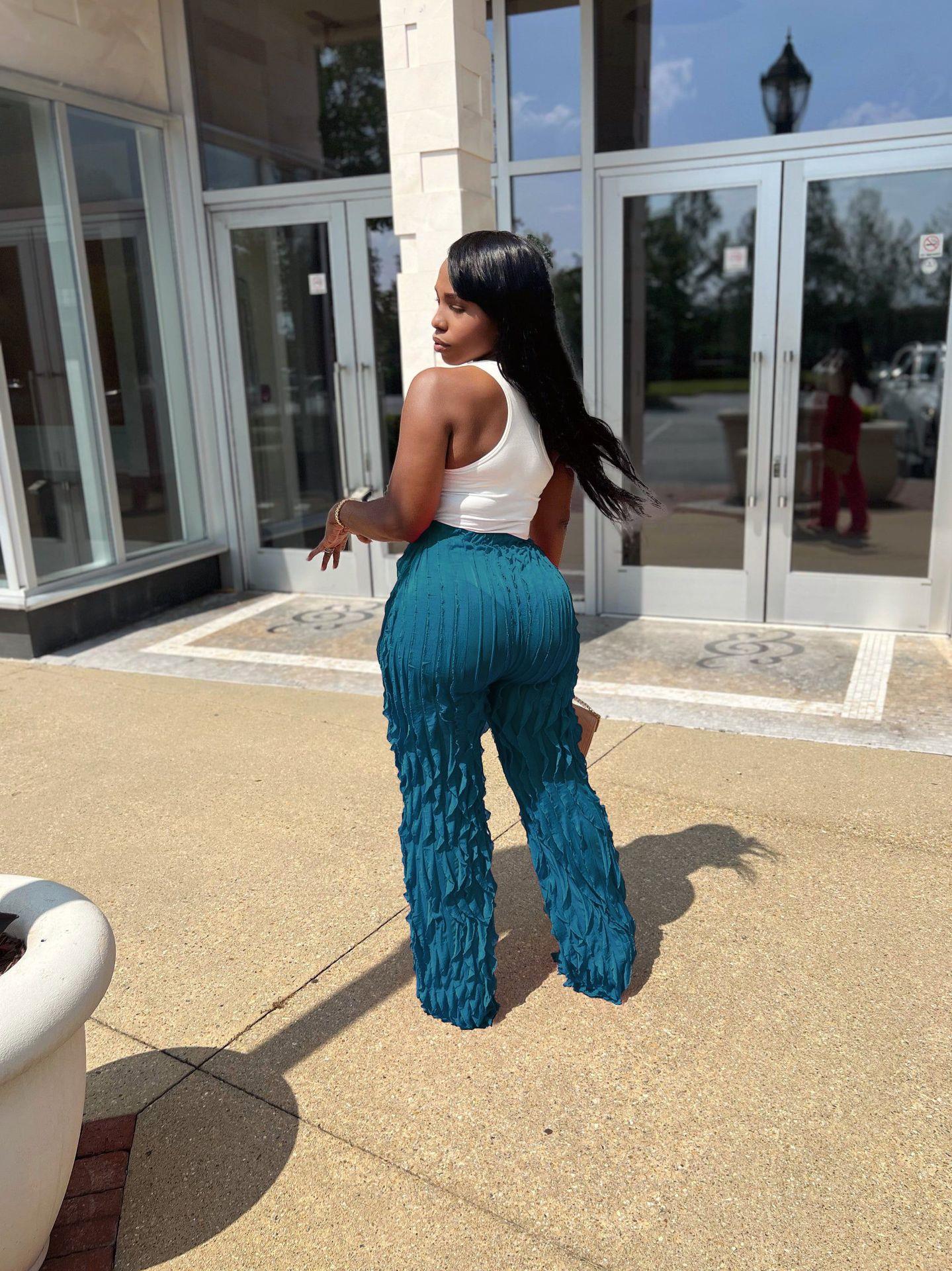 Women's Mesh Wave Pattern Ruffle Loose High Waist Wide Leg Trousers 16