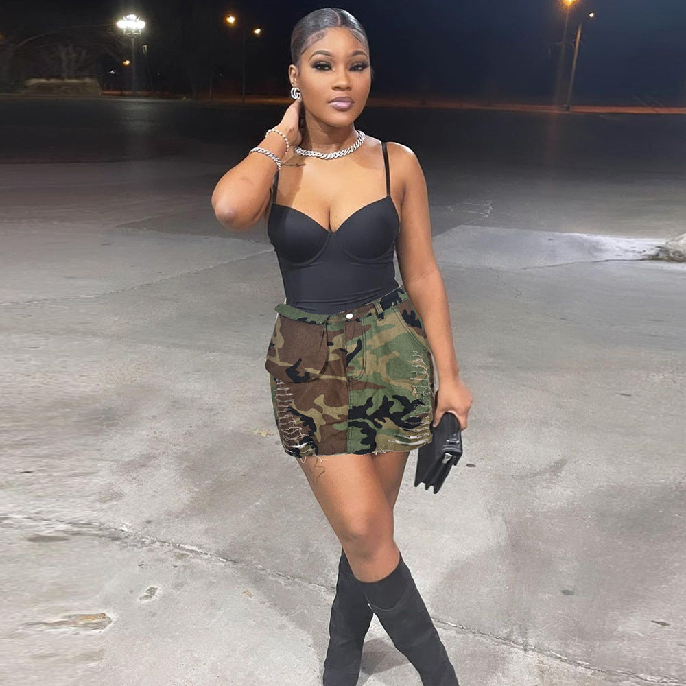 Women's Summer Camo Pocket Tassel Hollow Trendy Skirt 4